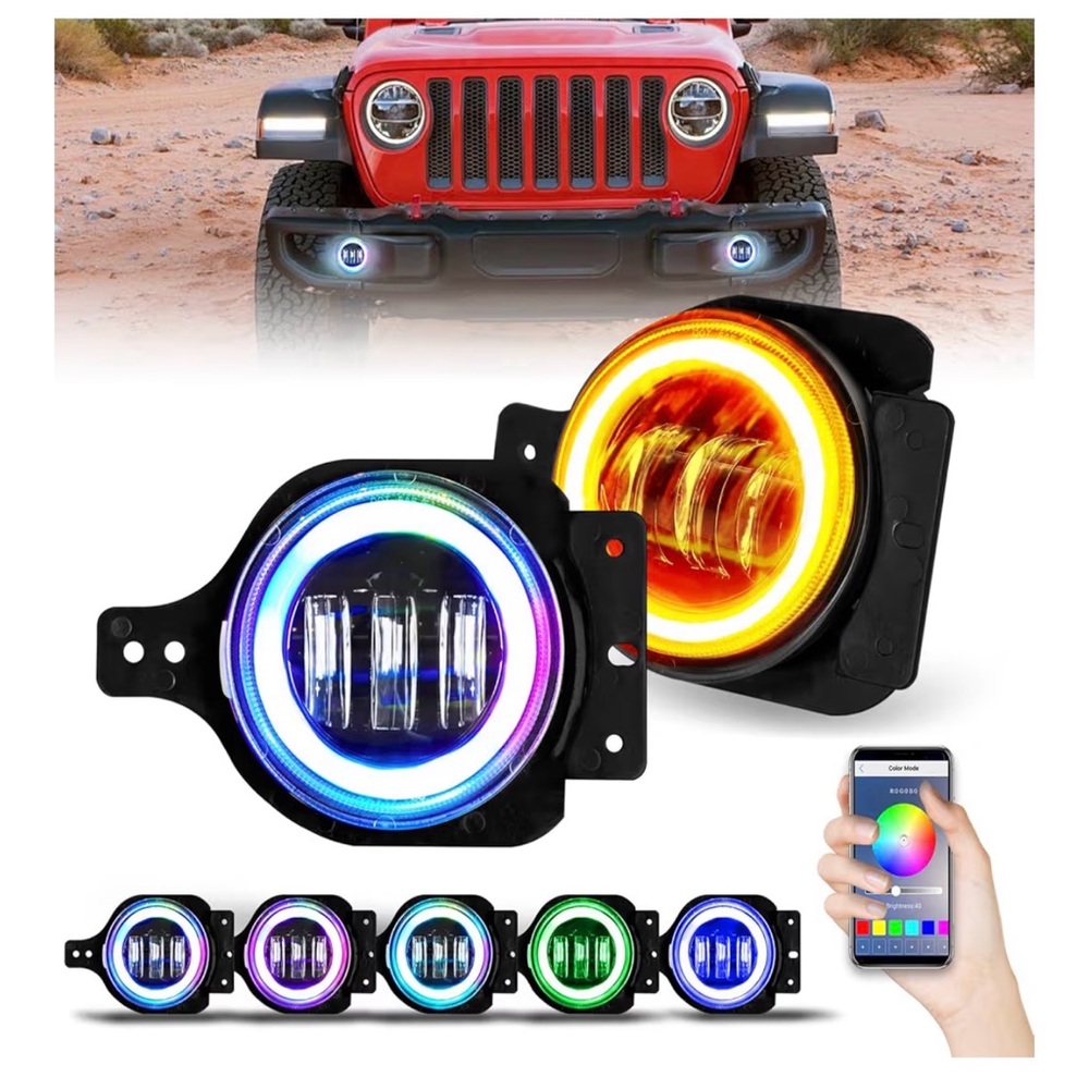 LED Halo Fog Lights 60W High Intensity with Color Control for Jeep Wrangler
